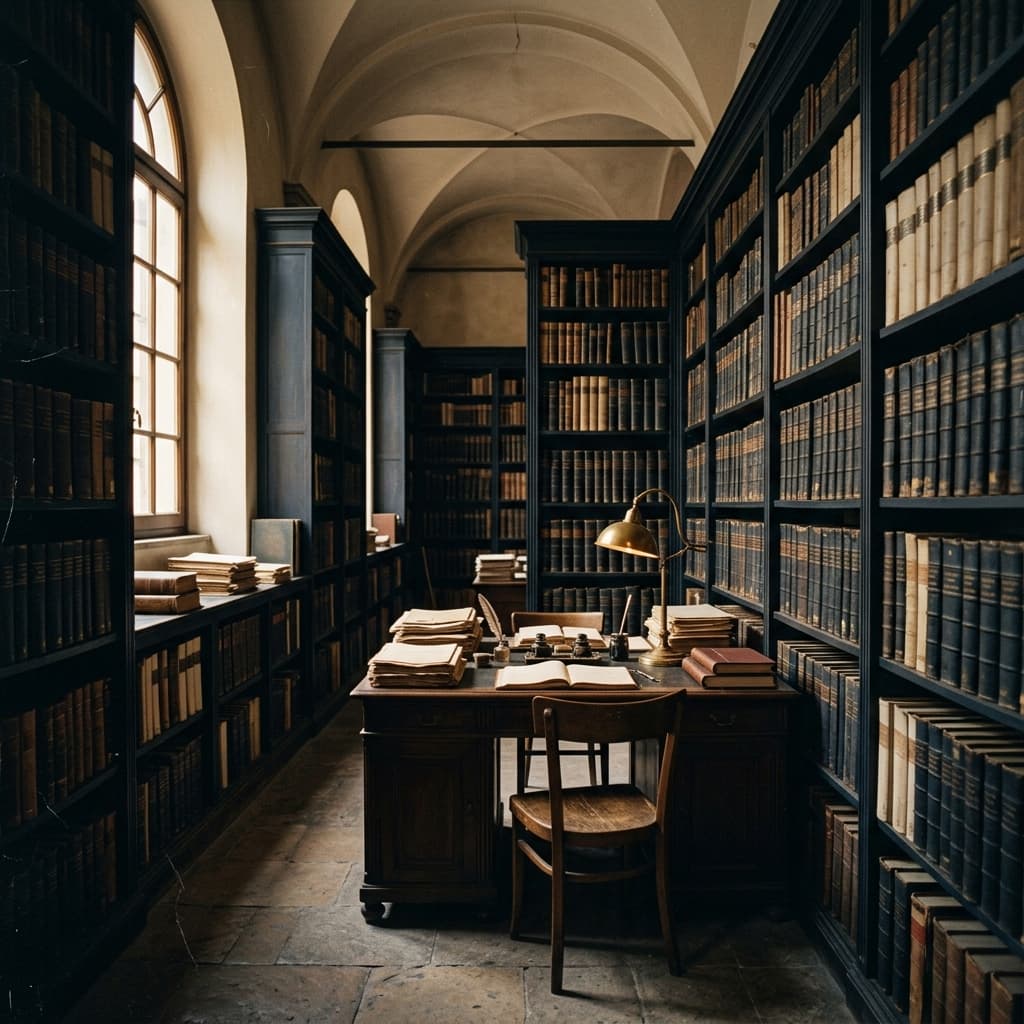 Interno di archivio storico italiano con volumi di diritto tributario